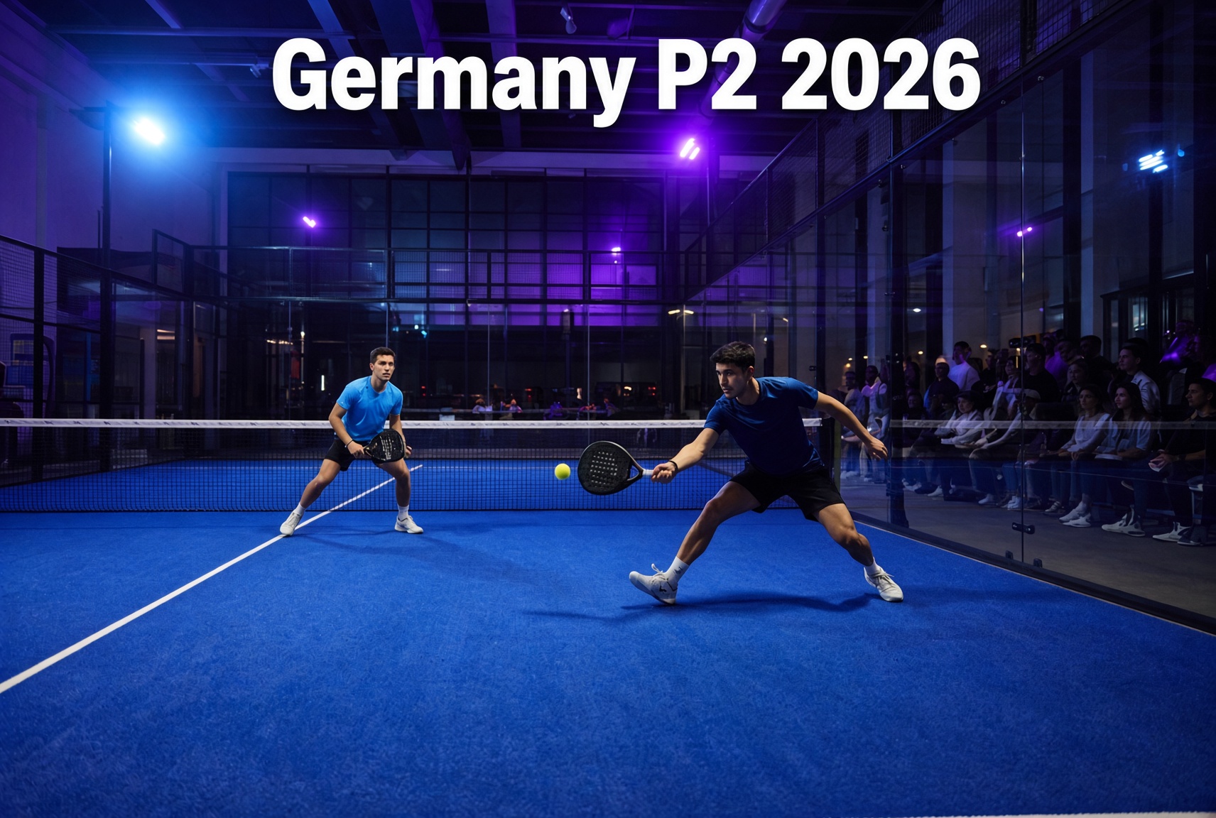 青いコートで、ラケットを構えてボールを打つ二人のパデル選手。画像の上部に「Germany P2 2026」の文字が入っている。
